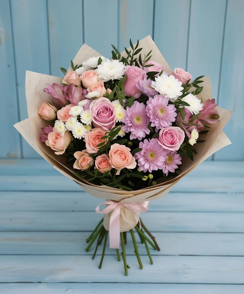 Букет цветов из: Хризантемы, Розы и Альстромерии в Манычском