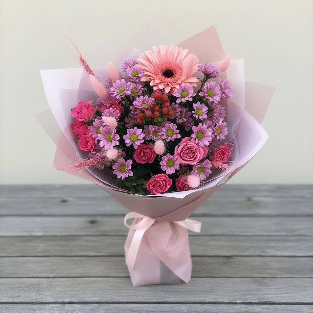 Букет цветов из: Розы, Герберы и Хризантемы в Манычском