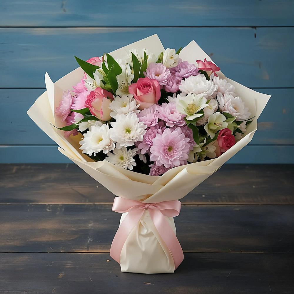 Букет цветов из: Хризантемы, Альстромерии и Розы в Манычском